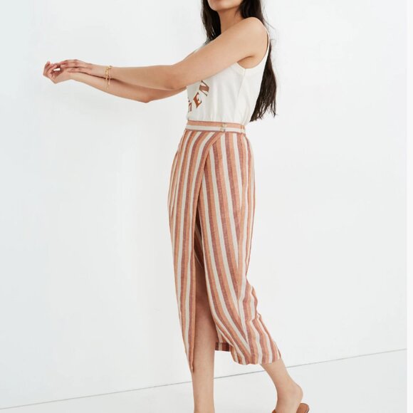 MADEWELL Pull-On Wrap Linen Midi Skirt in Stripe SZ S - Picture 2 of 6